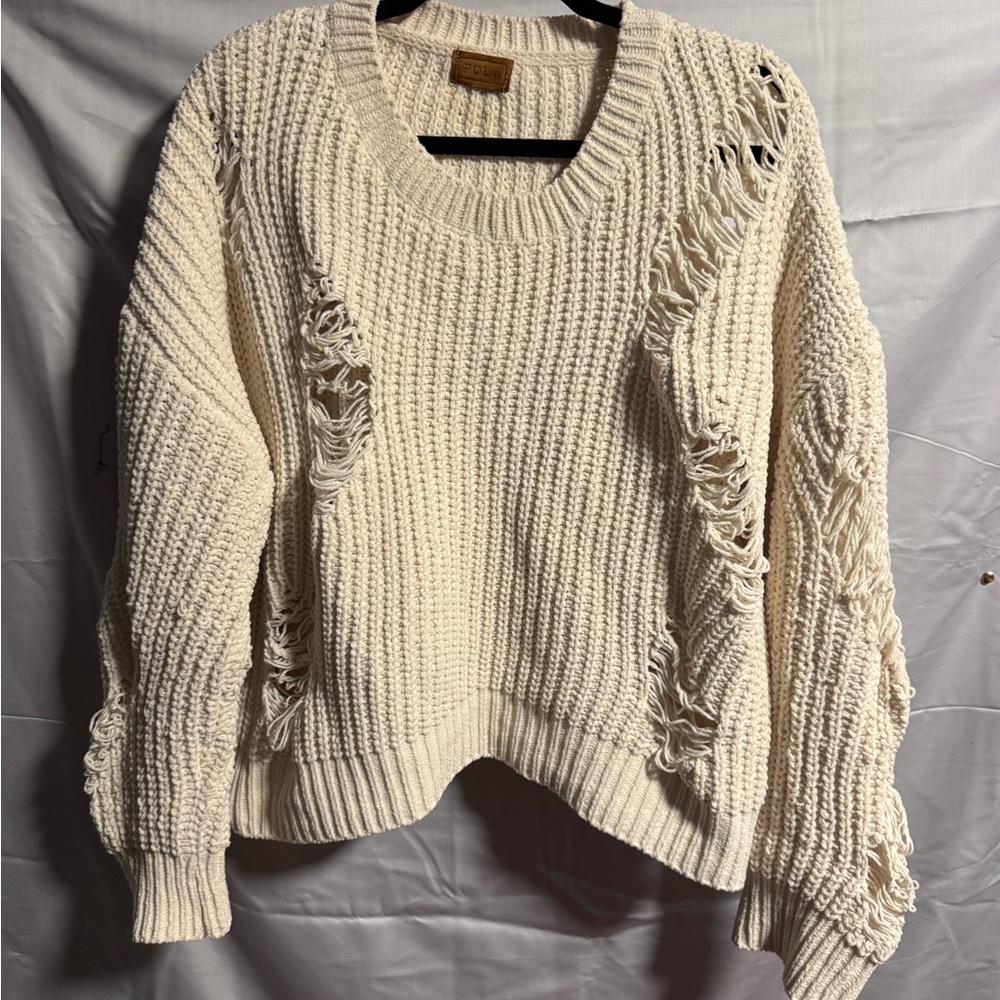 POL Cream Distressed Oversized Premium Label Knit Sweater